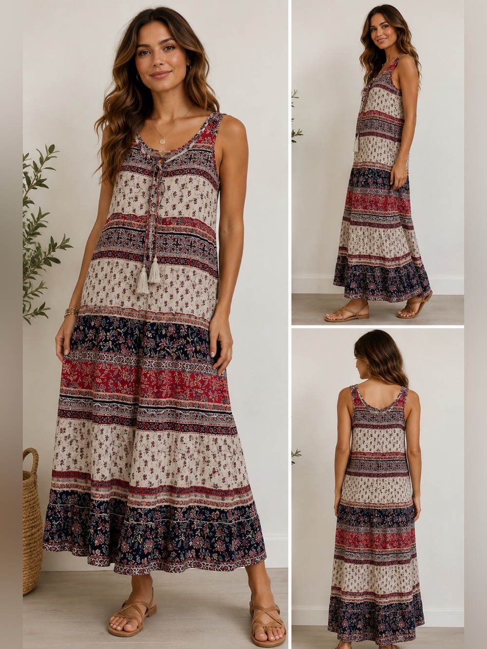beachlunchlounge Casual Cotton Maxi Dress with Red & Navy Stripes